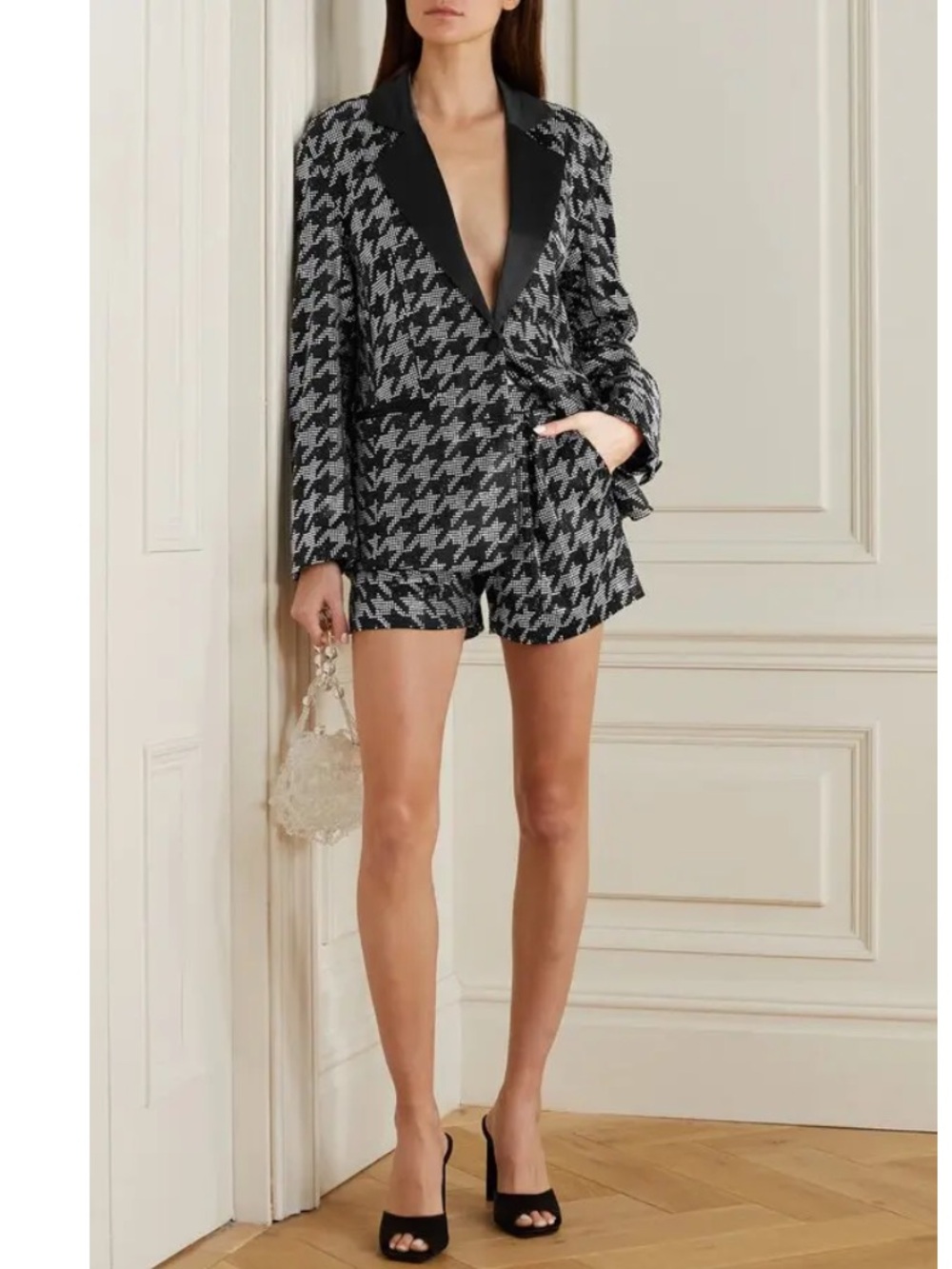 New Retrofete Clara Shorts BLK HOUNDSTOOTH Embellished Rhinestones Large